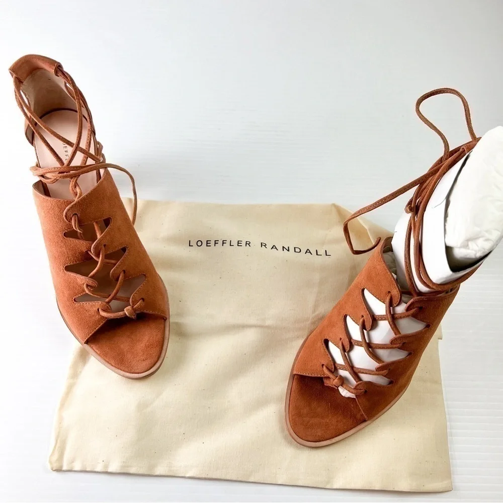 Loeffler Randall sandals womens 8 Helene Brown Lace-Up Split Suede Sandals